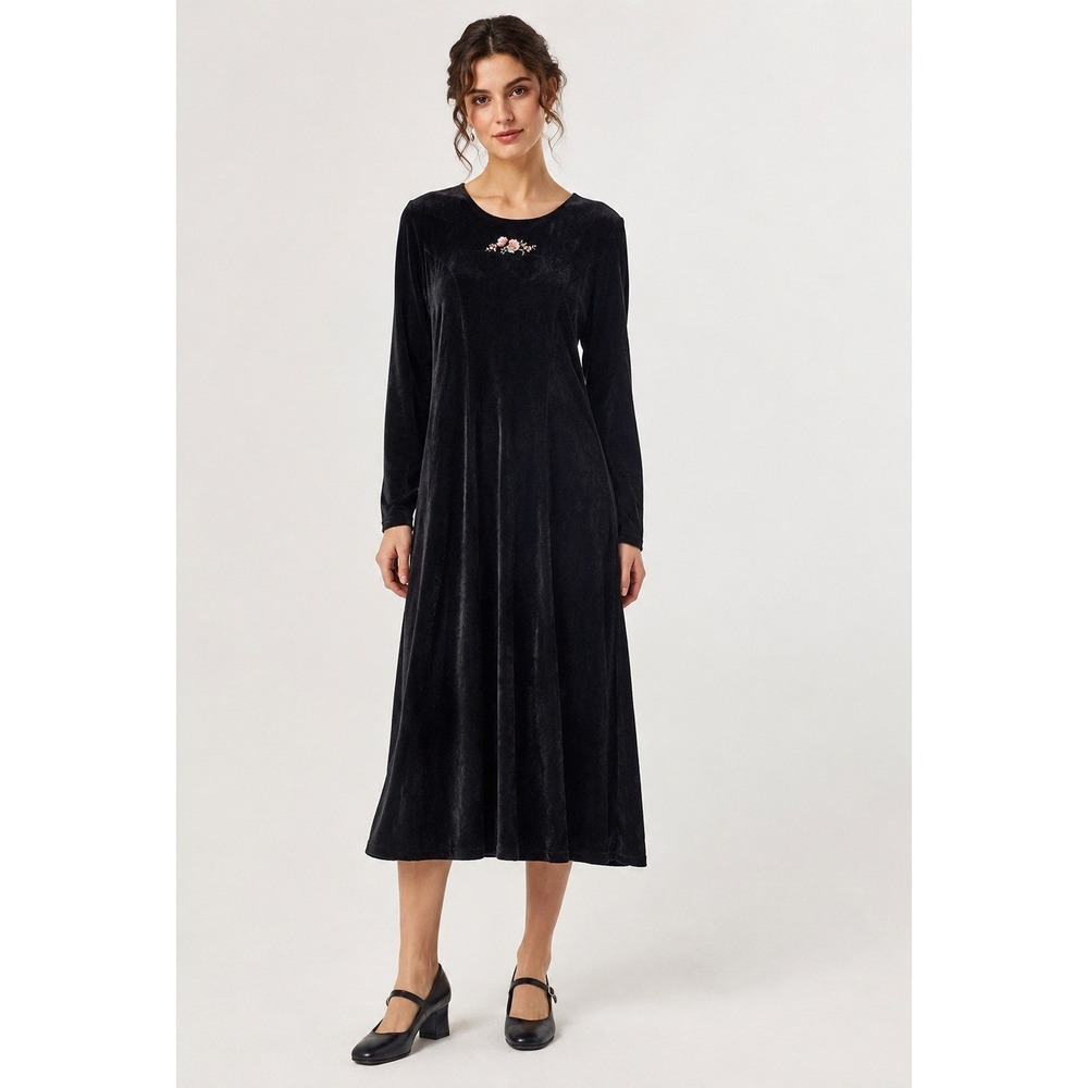 Lands End Womens Small 6-8 Black Velour Floral Embroidered Long Sleeve Dress VTG